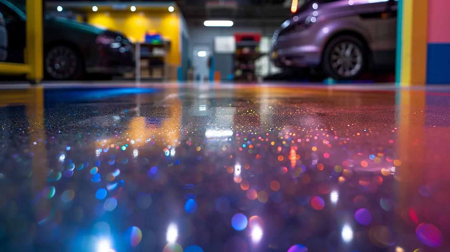 a brilliantly polished epoxy resin garage floor gleams under soft, ambient lighting, showcasing a stunning blend of vibrant colors and intricate patterns that enhance the contemporary aesthetic of the space. a brilliantly polished epoxy resin garage floor gleams under soft, ambient lighting, showcasing a stunning blend of vibrant colors and intricate patterns that enhance the contemporary aesthetic of the space.