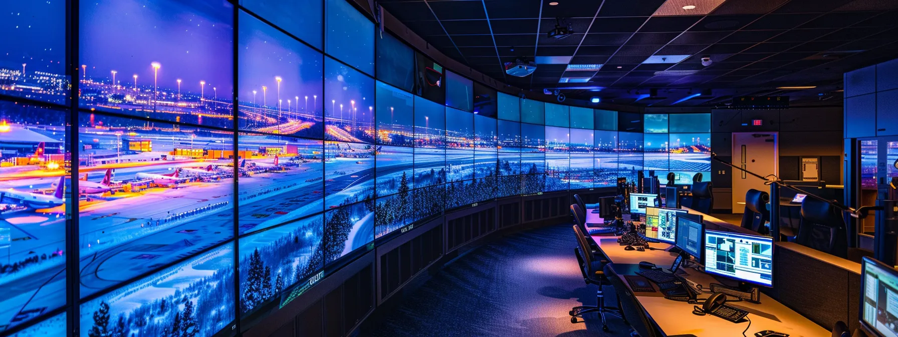 a bustling airport operations center at beckley airport, illuminated by vibrant artificial lighting, showcases a large digital display with real-time runway maintenance challenges, while technicians and air traffic controllers collaborate with focused intensity to ensure safe operations during a snowstorm.