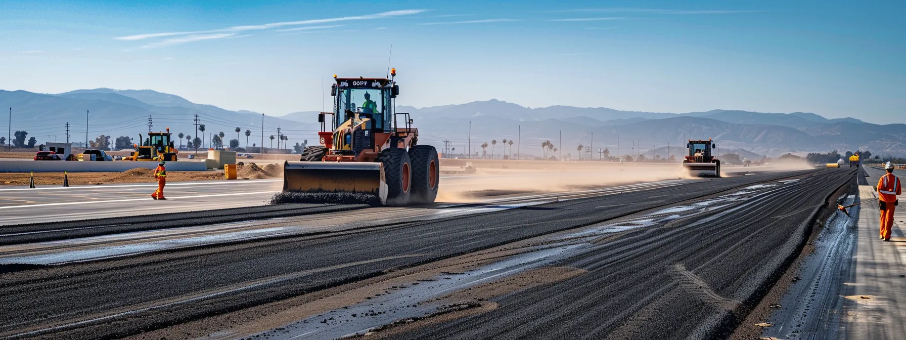 a bustling airport runway under construction, showcasing heavy machinery laying down smooth asphalt, with workers in high-visibility gear and a stark blue sky above, emphasizing the precision and safety standards required in airport paving projects.
