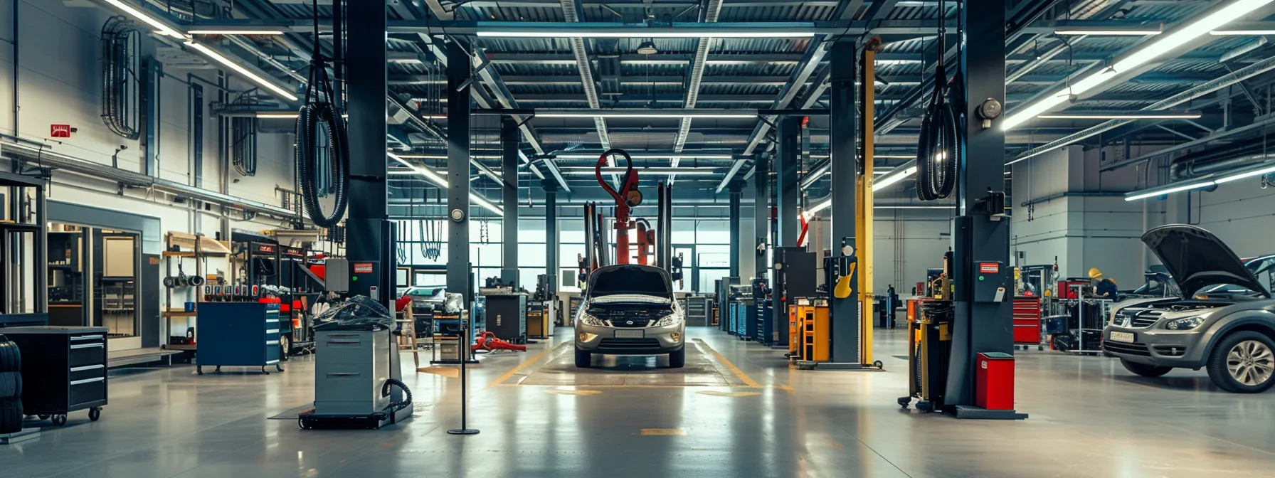 Top Benefits of Direct and Forward Four Post Vehicle Lifts a bustling automotive workshop features a professional technician expertly operating a four-post lift, surrounded by essential safety signage and tools, highlighting best practices for effective and safe lift usage.
