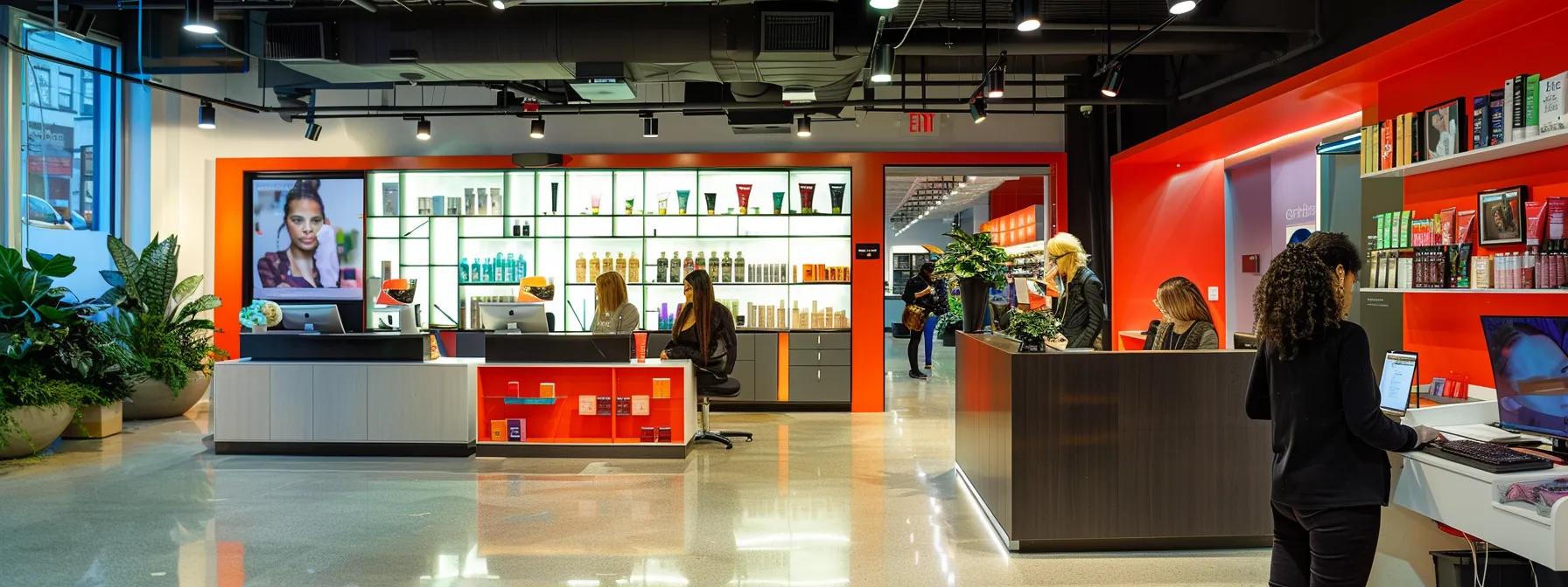 a bustling brooklyn beauty salon reception area, featuring a sleek, modern design with vibrant colors, showcasing a friendly receptionist engaged in a seamless interaction with a client at a stylish booking kiosk.
