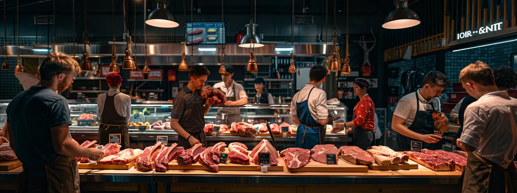 a bustling butcher shop interior showcases a cutting station with expertly arranged half beef sides on display, surrounded by knowledgeable staff discussing sourcing practices with attentive customers, all under bright, focused lighting that emphasizes the quality of the meat. a bustling butcher shop interior showcases a cutting station with expertly arranged half beef sides on display, surrounded by knowledgeable staff discussing sourcing practices with attentive customers, all under bright, focused lighting that emphasizes the quality of the meat.