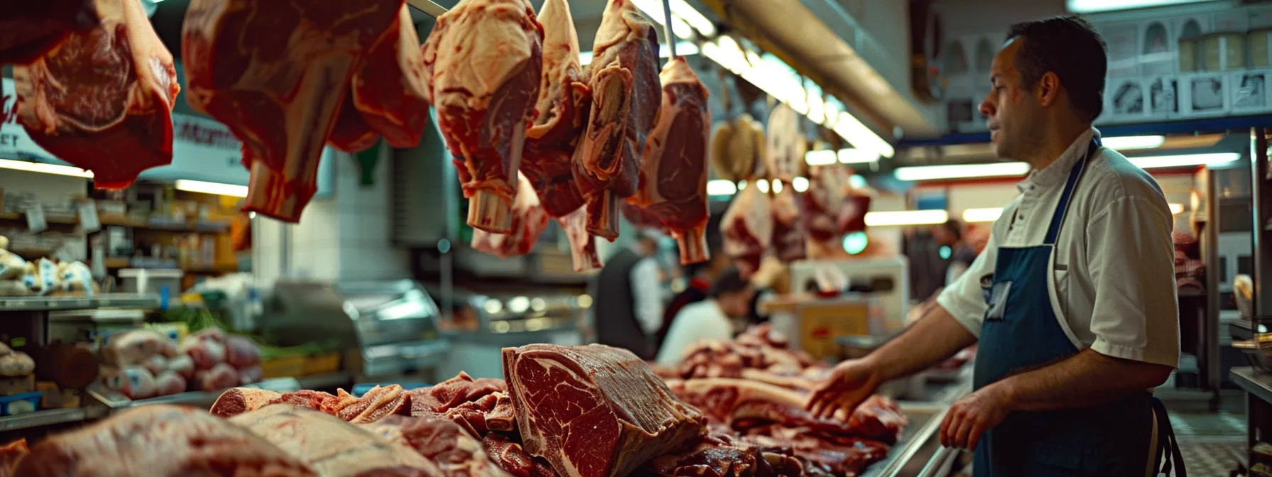 a bustling butcher shop interior, showcasing a well-organized display of hanging beef halves and various cuts, with a knowledgeable butcher examining meat quality under bright overhead lights, emphasizing the intricacies of pricing and selection. a bustling butcher shop interior, showcasing a well-organized display of hanging beef halves and various cuts, with a knowledgeable butcher examining meat quality under bright overhead lights, emphasizing the intricacies of pricing and selection.
