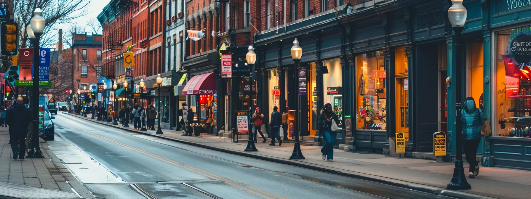 a bustling city street lined with vibrant storefronts, each displaying colorful signs promoting local businesses and engaging with passersby. a bustling city street lined with vibrant storefronts, each displaying colorful signs promoting local businesses and engaging with passersby.
