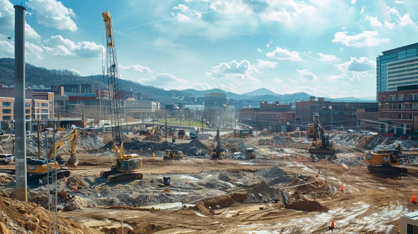 a bustling construction site in knoxville showcases various commercial contractors in action, with vibrant machinery and workers collaborating under a brilliant blue sky, highlighting the dynamic nature of the industry.
