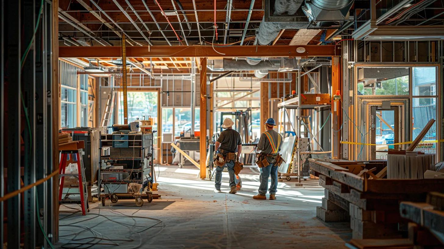 a bustling construction site in knoxville, tn, showcasing skilled contractors collaborating on a cutting-edge project, with vibrant machinery and modern equipment highlighting their distinctive expertise.