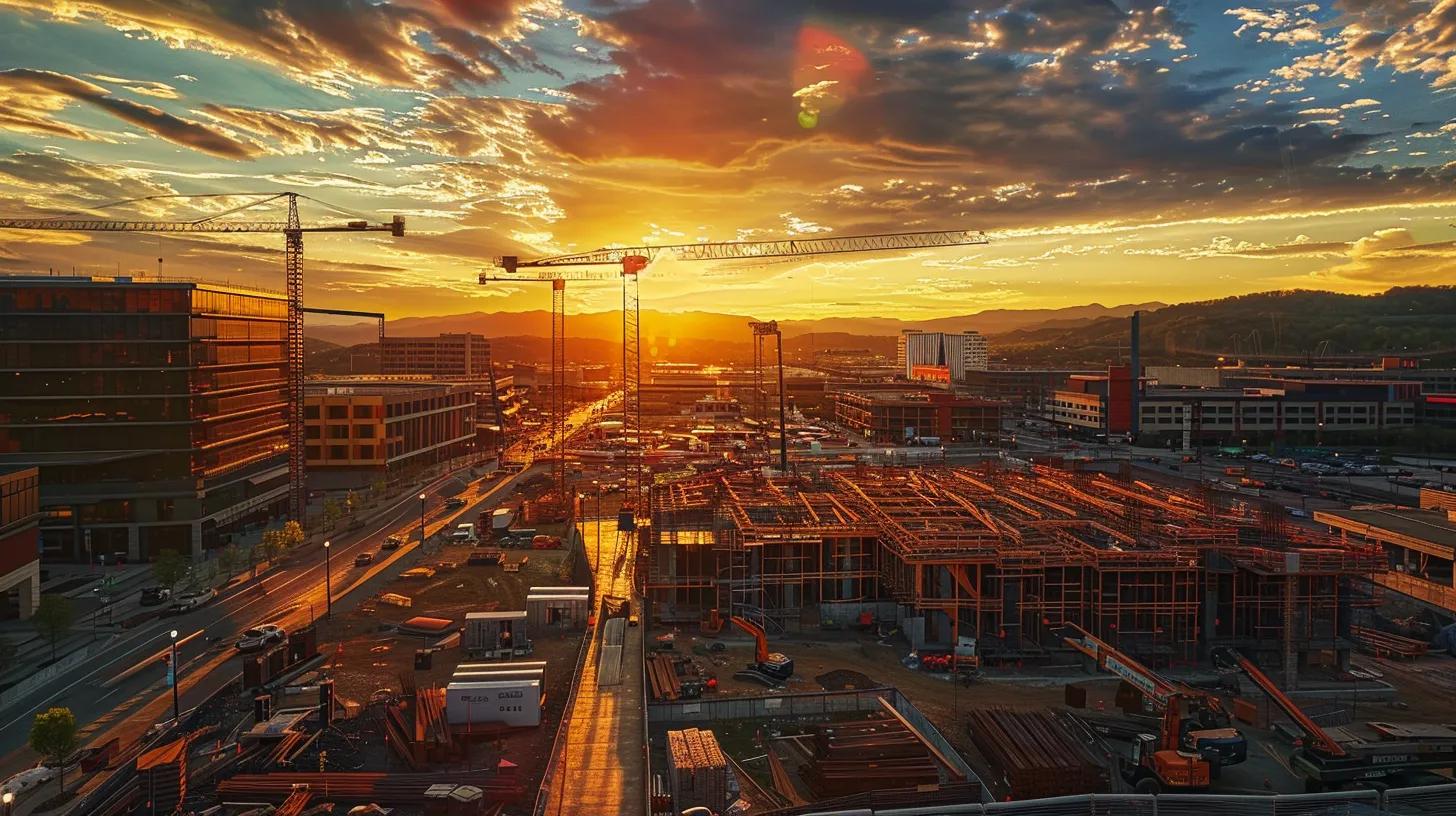 a bustling construction site in knoxville, tn, showcases skilled general contractors collaborating seamlessly under a vibrant sunset, highlighting their pivotal role in transforming ambitious business projects into reality.