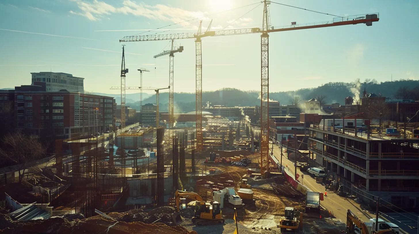 a bustling construction site in knoxville, showcasing a team of general contractors efficiently coordinating activities under bright sunlight, with cranes towering above and workers strategically managing materials to symbolize cost-effectiveness and optimized resource management. a bustling construction site in knoxville, showcasing a team of general contractors efficiently coordinating activities under bright sunlight, with cranes towering above and workers strategically managing materials to symbolize cost-effectiveness and optimized resource management.
