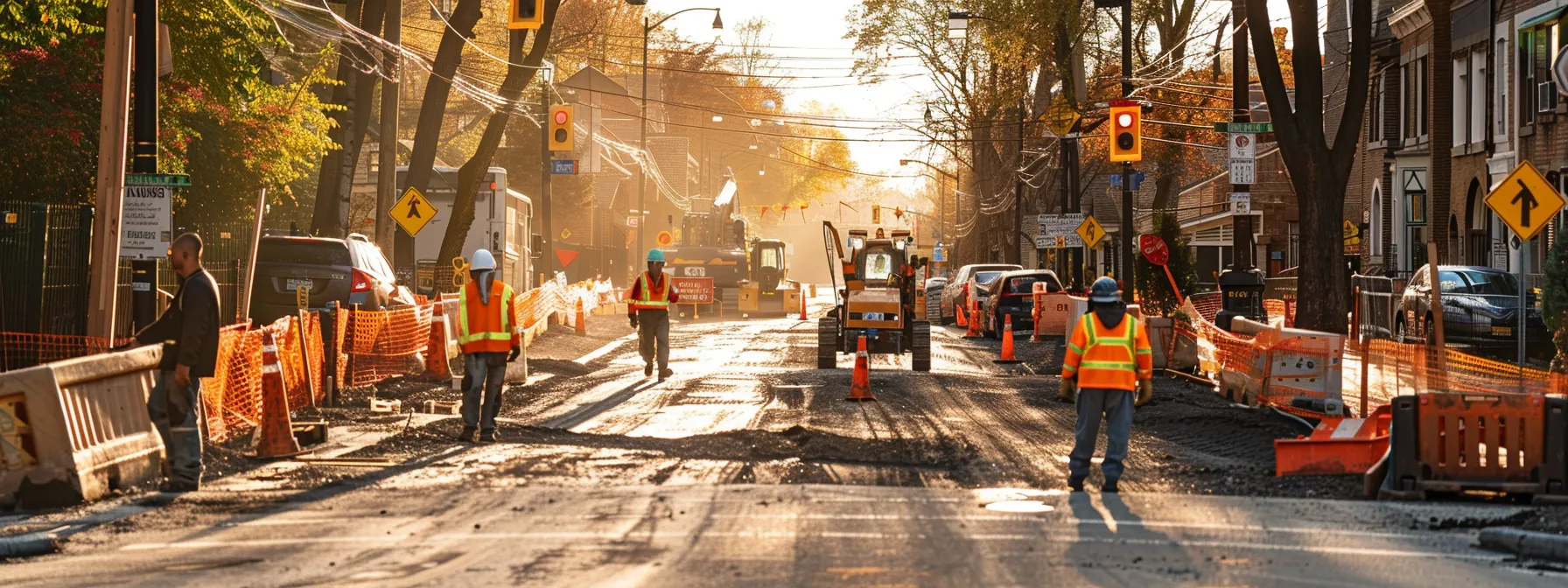 a bustling construction site showcases workers expertly preparing a property for asphalt resurfacing, with clear signage directing traffic and marked boundaries ensuring safety and accessibility.