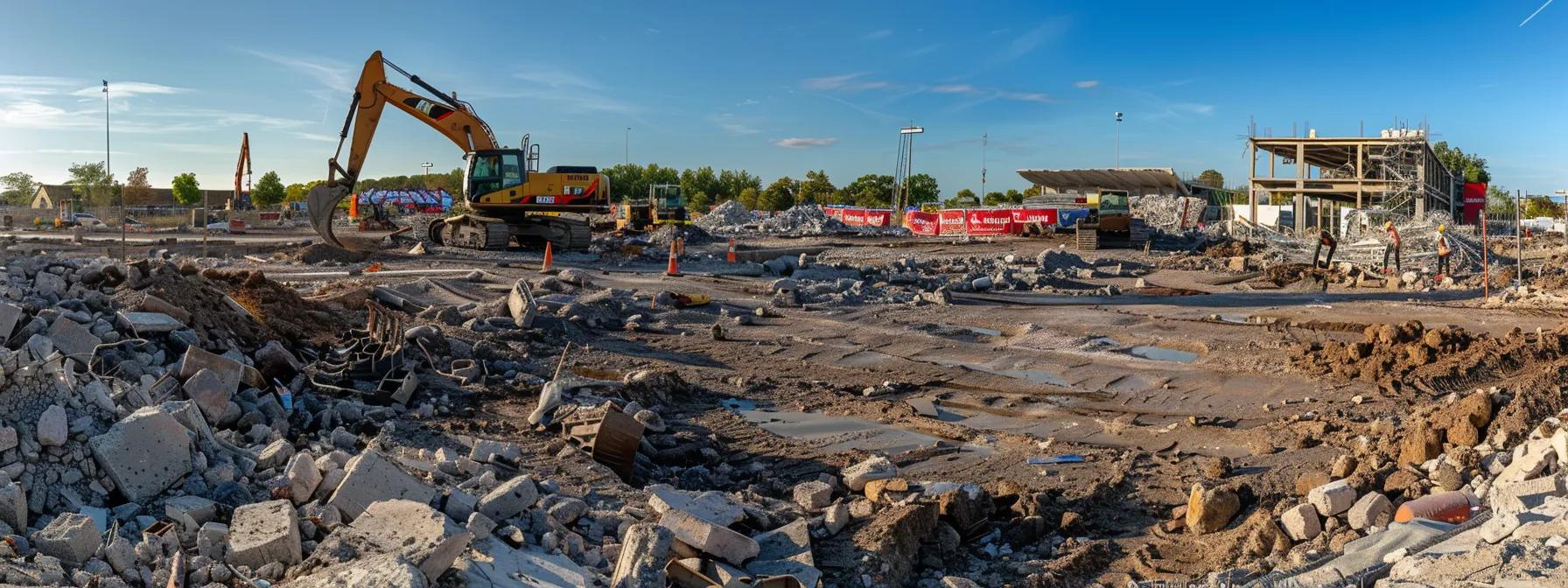 a bustling construction site showcases the swift demolition of a structure, with workers efficiently overseeing operations and equipment removing debris against a backdrop of newly marked outlines for future urban development, emphasizing the urgency and effectiveness of project timelines. a bustling construction site showcases the swift demolition of a structure, with workers efficiently overseeing operations and equipment removing debris against a backdrop of newly marked outlines for future urban development, emphasizing the urgency and effectiveness of project timelines.
