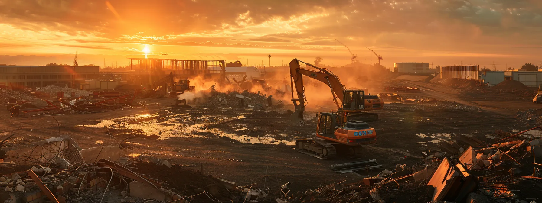 a bustling demolition site illuminated by the golden glow of sunset showcases heavy machinery at work, symbolizing the power of strategic online visibility and growth in the construction industry.