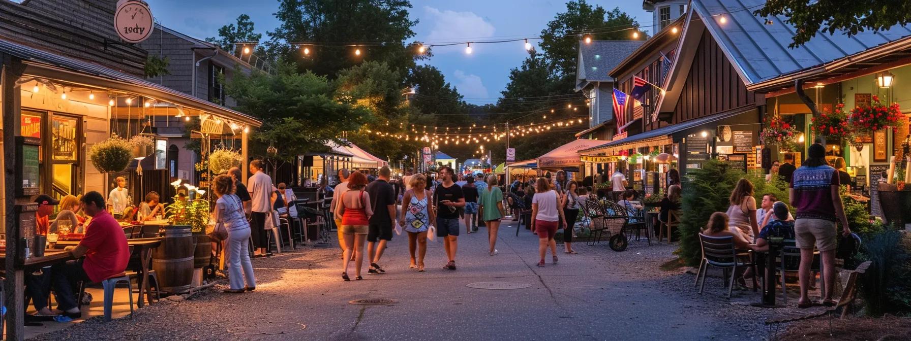 a bustling downtown street in blue ridge, ga, featuring vibrant storefronts of modern boutiques and artisan shops, adorned with historic architecture, as lively patrons enjoy eclectic dining options at inviting outdoor cafes under soft evening lighting. a bustling downtown street in blue ridge, ga, featuring vibrant storefronts of modern boutiques and artisan shops, adorned with historic architecture, as lively patrons enjoy eclectic dining options at inviting outdoor cafes under soft evening lighting.
