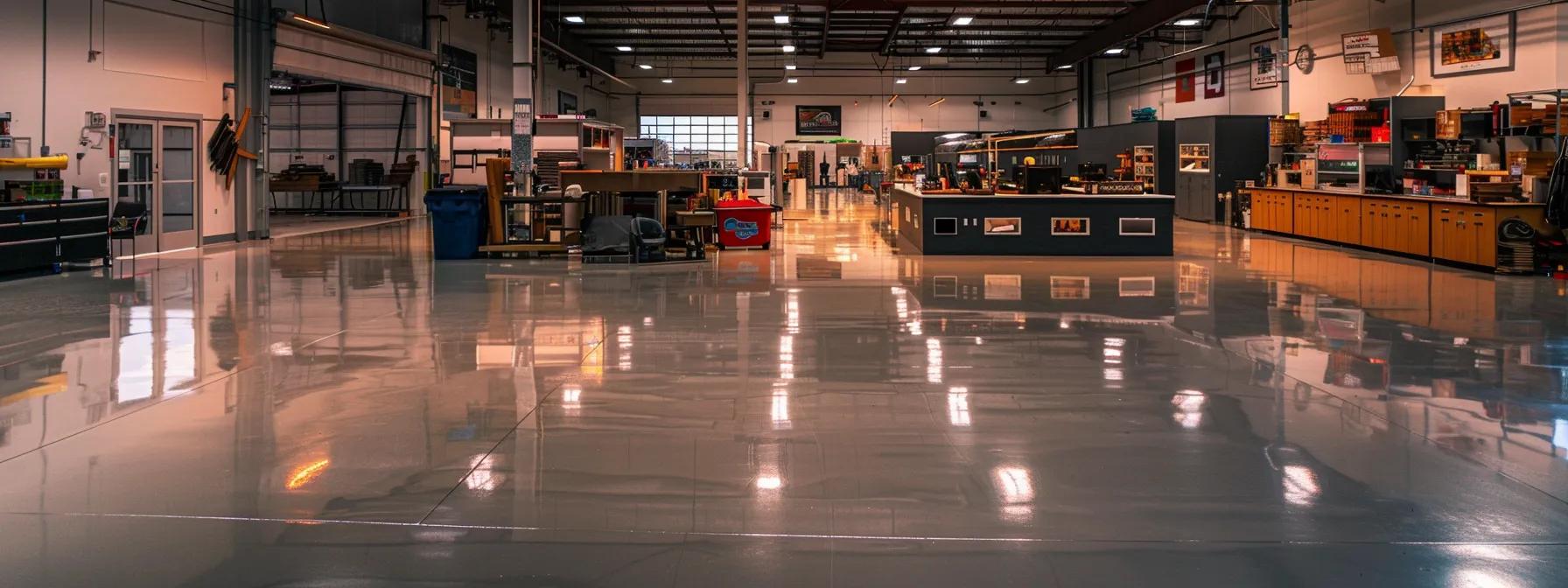 a bustling industrial flooring showroom in houston showcases a variety of high-performance epoxy floors under bright, focused lighting, emphasizing the meticulous detail and quality that industrial flooring contractors offer.