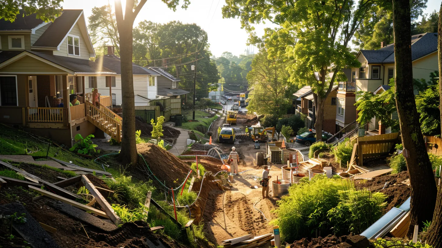 a bustling knoxville neighborhood showcases a diverse range of skilled contractors hard at work, surrounded by vibrant homes and lush greenery, illuminated by the warm glow of afternoon sunlight.