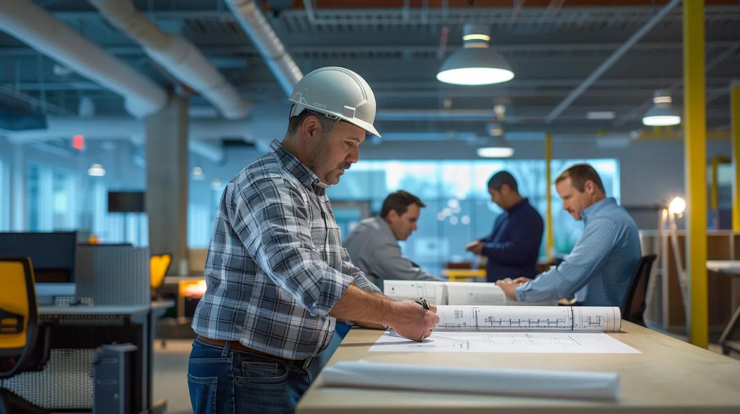 a bustling knoxville office interior shows skilled contractors collaborating around a high-tech table, examining blueprints and digital models of a commercial renovation project, illuminated by bright overhead lights that enhance the modern, efficient atmosphere. a bustling knoxville office interior shows skilled contractors collaborating around a high-tech table, examining blueprints and digital models of a commercial renovation project, illuminated by bright overhead lights that enhance the modern, efficient atmosphere.