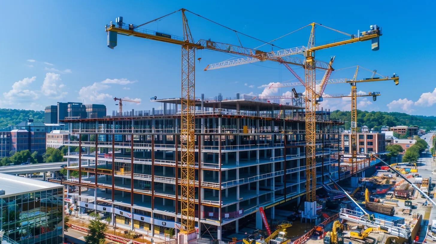 a bustling knoxville skyline showcases modern commercial construction projects, with cranes and scaffolding highlighting the dynamic growth and innovation in the city's retail and educational sectors under a bright, clear blue sky. a bustling knoxville skyline showcases modern commercial construction projects, with cranes and scaffolding highlighting the dynamic growth and innovation in the city's retail and educational sectors under a bright, clear blue sky.