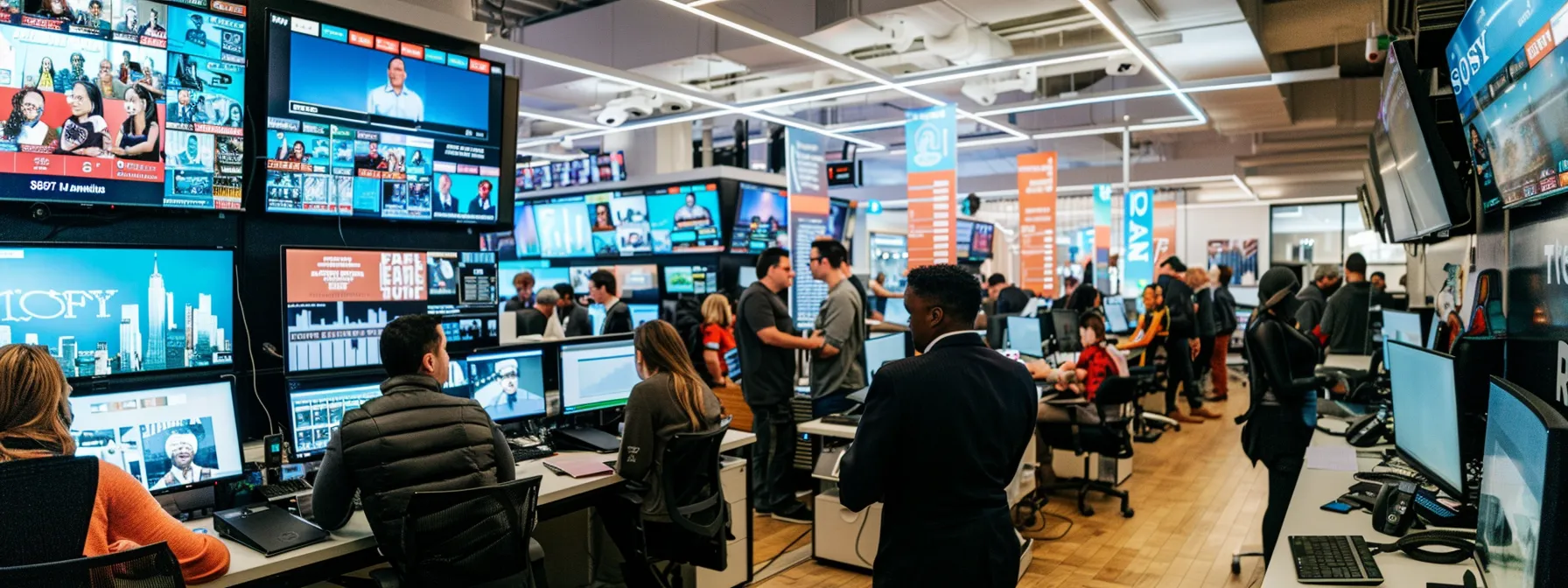 a bustling manhattan office space filled with media professionals engaging in animated discussions, surrounded by screens showcasing vibrant television graphics and schedules, capturing the dynamic essence of new york's competitive daytime television industry.
