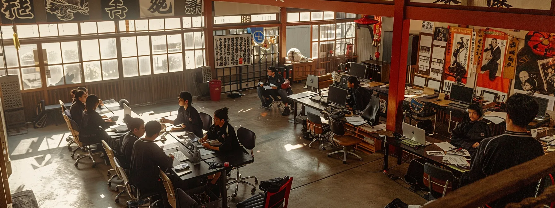 a bustling martial arts dojo, filled with focused students practicing techniques, juxtaposed with a frustrated instructor surrounded by chaotic paperwork and a computer screen displaying unorganized data, highlighting the urgent need for streamlined management software. a bustling martial arts dojo, filled with focused students practicing techniques, juxtaposed with a frustrated instructor surrounded by chaotic paperwork and a computer screen displaying unorganized data, highlighting the urgent need for streamlined management software.