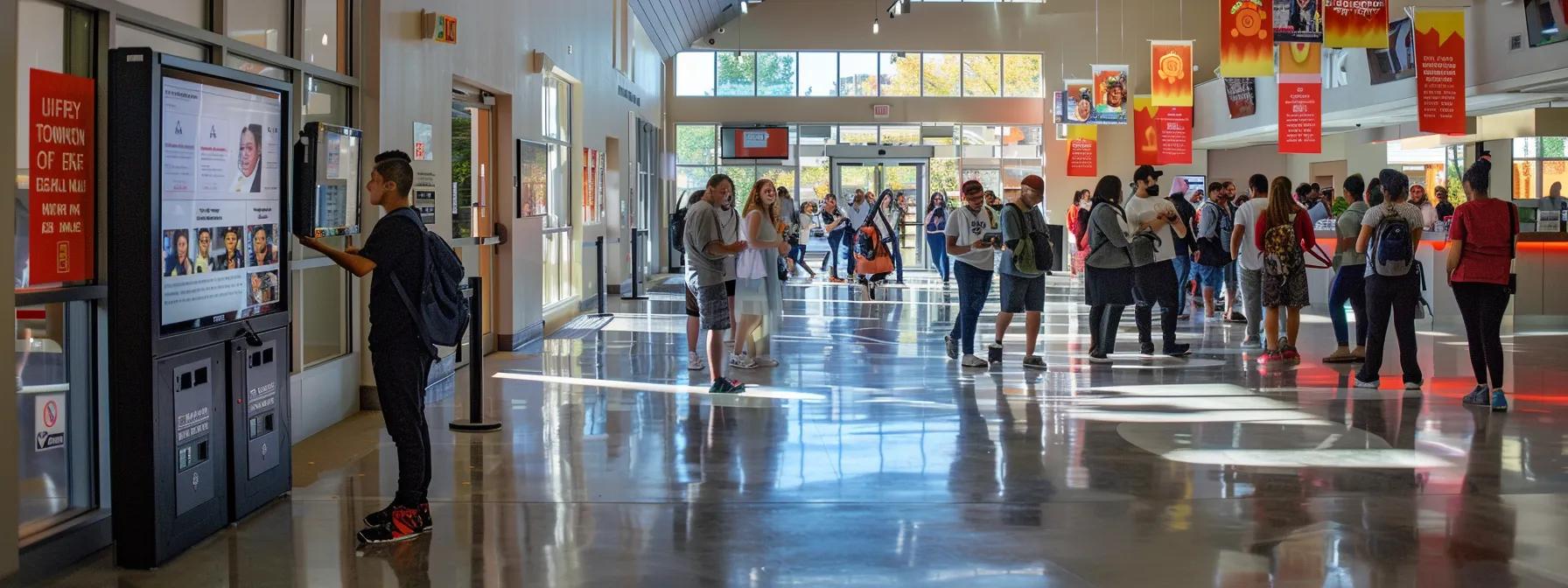 a bustling martial arts school lobby displays students eagerly checking in through a sleek digital attendance kiosk, vibrant banners showcasing classes overhead, and instructors engaging students, embodying the seamless integration of technology and community. a bustling martial arts school lobby displays students eagerly checking in through a sleek digital attendance kiosk, vibrant banners showcasing classes overhead, and instructors engaging students, embodying the seamless integration of technology and community.