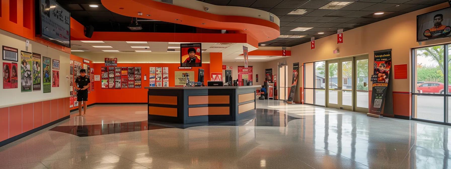 a bustling martial arts school reception area showcases vibrant promotional materials like brochures and posters on a sleek counter, while enthusiastic families discuss enrollment options amidst the solid, engaging atmosphere of traditional marketing influence. a bustling martial arts school reception area showcases vibrant promotional materials like brochures and posters on a sleek counter, while enthusiastic families discuss enrollment options amidst the solid, engaging atmosphere of traditional marketing influence.