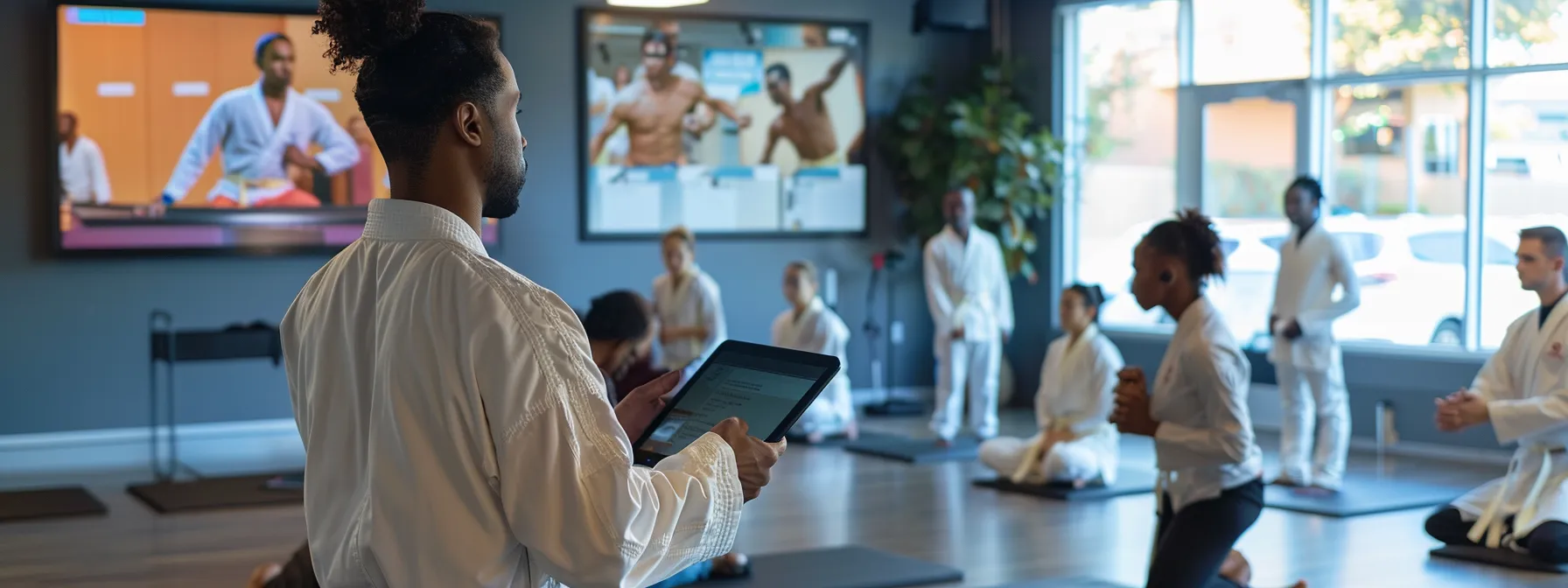a bustling martial arts studio filled with focused students engaging in diverse classes, while a thoughtful instructor reviews a digital schedule on a sleek tablet, highlighting scheduling conflicts on a large screen in an organized, modern environment. a bustling martial arts studio filled with focused students engaging in diverse classes, while a thoughtful instructor reviews a digital schedule on a sleek tablet, highlighting scheduling conflicts on a large screen in an organized, modern environment.