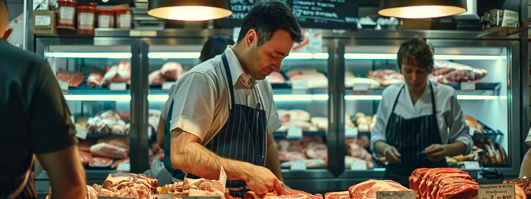 a bustling, modern butcher shop showcases meticulously organized cuts of whole beef, with a knowledgeable staff member engaging customers as they review clear ordering options displayed on sleek digital screens.