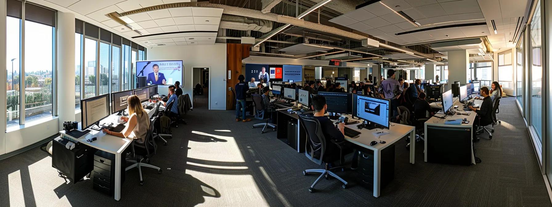 a bustling modern office space filled with diverse professionals engaged in collaborative discussions and strategizing over multimedia presentations that highlight the integration of public relations and ctv advertising efforts.