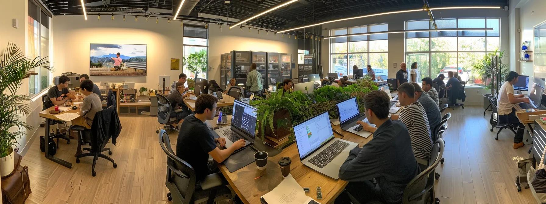a bustling, modern office space at ascend cannabis provisions, featuring engaged employees in professional attire collaborating around a conference table, highlighting the unionization process and emphasizing a commitment to labor rights and industry innovation.