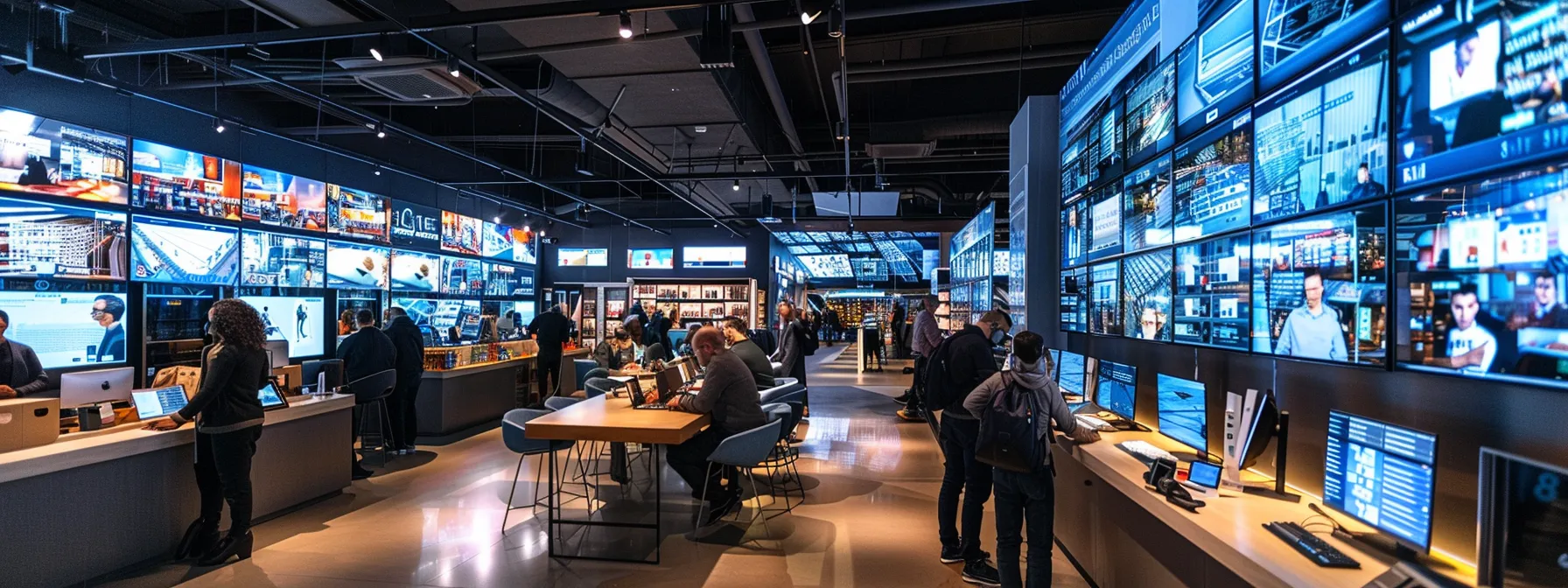 a bustling modern retail office showcases sleek screens displaying dynamic data analytics and nlp-driven insights, with diverse professionals collaborating around a large conference table, emphasizing the transformative impact of technology in retail operations.