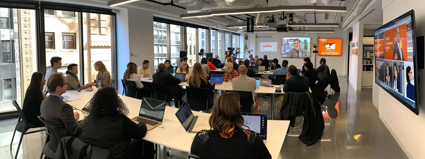 a bustling new york city office space, filled with dynamic professionals engaged in vibrant discussions around sleek laptops and digital displays, showcasing the strategic use of social media and online tools to amplify pr opportunities in the spotlight.