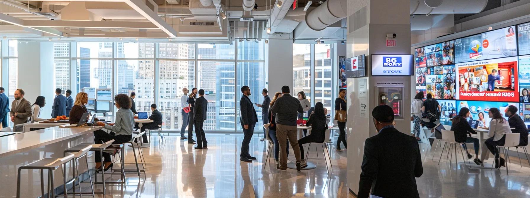 a bustling new york city office setting showcases professionals engaged in dynamic discussions, surrounded by digital screens displaying vibrant media placements and analytics, emphasizing the strategic partnerships being cultivated with diverse media providers.