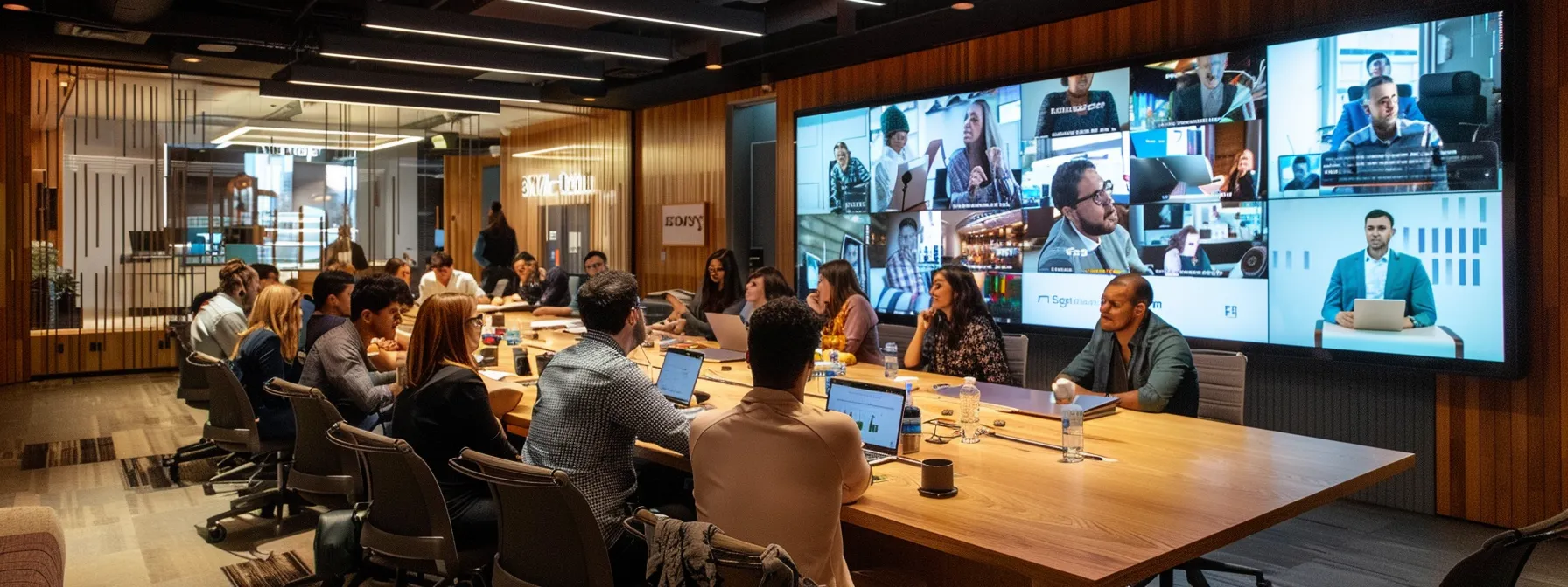 a bustling new york city office, filled with pr professionals engaged in animated discussions and strategizing around a large conference table, while vibrant digital screens showcase their media coverage and partnerships, reflecting the dynamic nature of relationships in the competitive media landscape.