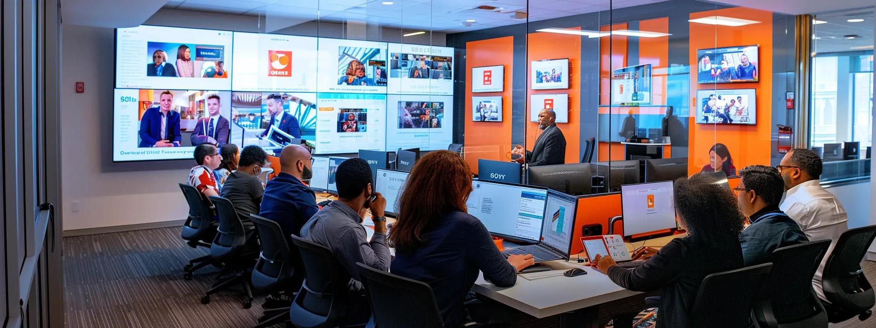 a bustling new york city office filled with professionals engaged in a dynamic brainstorming session, with vibrant visuals of pitch materials, including one-page press kits and multimedia assets, displayed prominently on sleek digital screens, illustrating the art of crafting compelling television pitches.