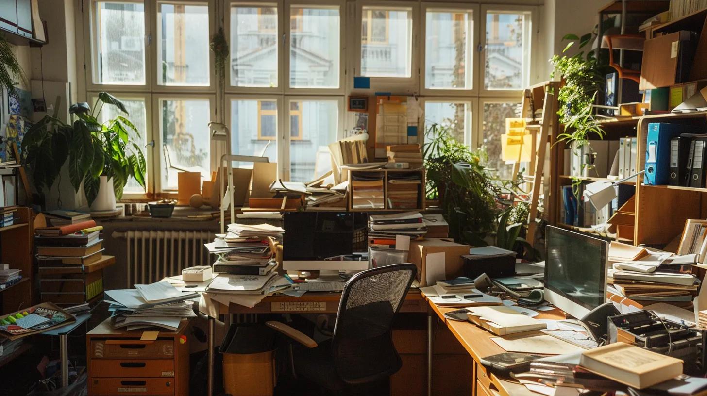 a bustling office filled with neglected workspaces and a lone, cluttered desk emphasizes the urgent dilemma of time management, illustrating the hidden costs of cleaning overshadowing productivity and family time.