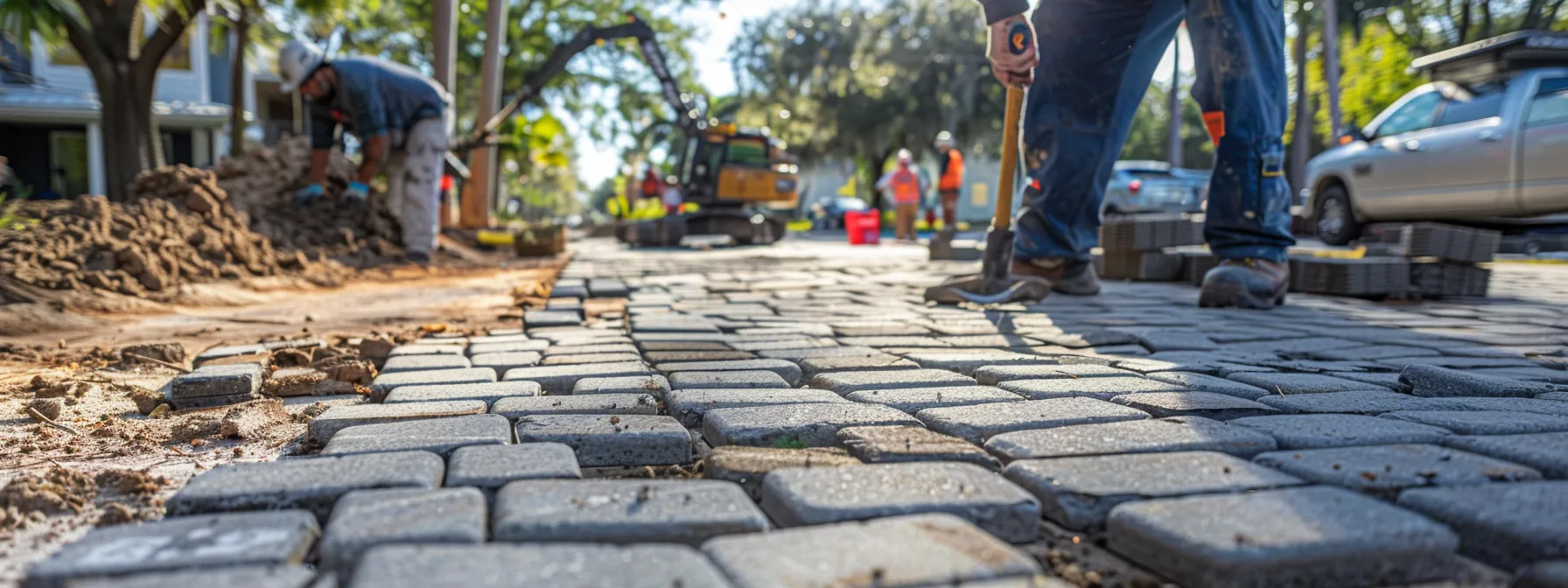 a bustling paver installation site in st. cloud, florida showcases skilled technicians meticulously laying elegant granite pavers on a well-prepared surface, emphasizing craftsmanship and the transformation of outdoor spaces under bright overhead work lights. a bustling paver installation site in st. cloud, florida showcases skilled technicians meticulously laying elegant granite pavers on a well-prepared surface, emphasizing craftsmanship and the transformation of outdoor spaces under bright overhead work lights.
