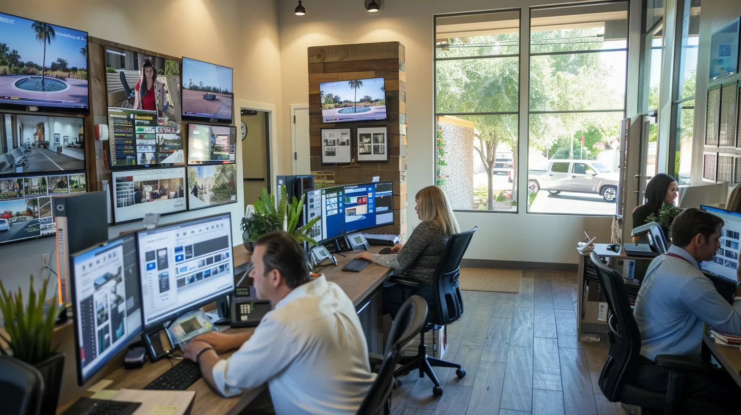 a bustling real estate office in salado, texas, features diverse property listings displayed prominently on sleek digital screens as local experts engage with families and investors, highlighting vibrant urban living and modern ranch homes in an inviting, professional atmosphere. a bustling real estate office in salado, texas, features diverse property listings displayed prominently on sleek digital screens as local experts engage with families and investors, highlighting vibrant urban living and modern ranch homes in an inviting, professional atmosphere.