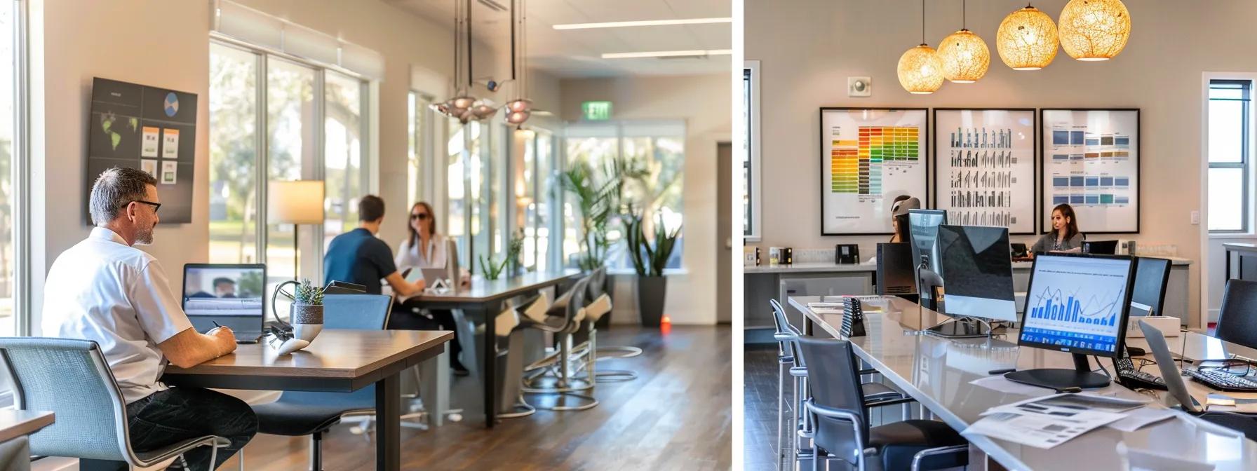 a bustling real estate office with agents discussing market trends and pricing charts pinned on the walls, surrounded by images of oak-shaded properties and homes near great schools. a bustling real estate office with agents discussing market trends and pricing charts pinned on the walls, surrounded by images of oak-shaded properties and homes near great schools.