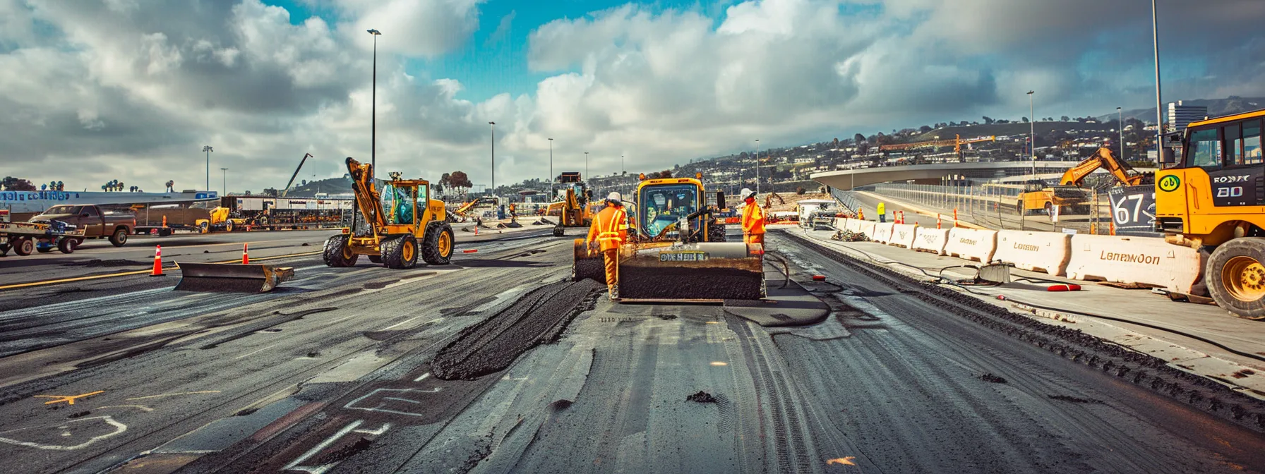 a bustling san diego airport construction site showcases skilled workers expertly laying down asphalt, surrounded by heavy machinery and safety signage, highlighting best practices in paving for efficient airport operations.