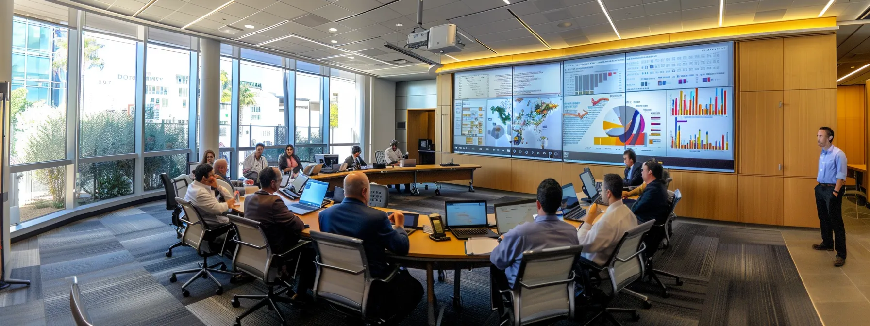 a bustling san diego office setting, featuring a diverse group of professionals engaged in a discussion around a large conference table, with charts and graphs depicting seal coating costs and benefits prominently displayed on a digital screen in the background.