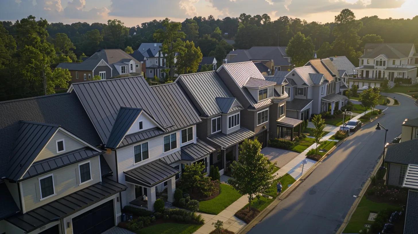a bustling suburban neighborhood in johns creek showcases a vibrant, newly installed metal roof gleaming under bright afternoon sun, while satisfied homeowners engage with a friendly roofing contractor who holds a clipboard, emphasizing their positive experience with capital city roofing. a bustling suburban neighborhood in johns creek showcases a vibrant, newly installed metal roof gleaming under bright afternoon sun, while satisfied homeowners engage with a friendly roofing contractor who holds a clipboard, emphasizing their positive experience with capital city roofing.