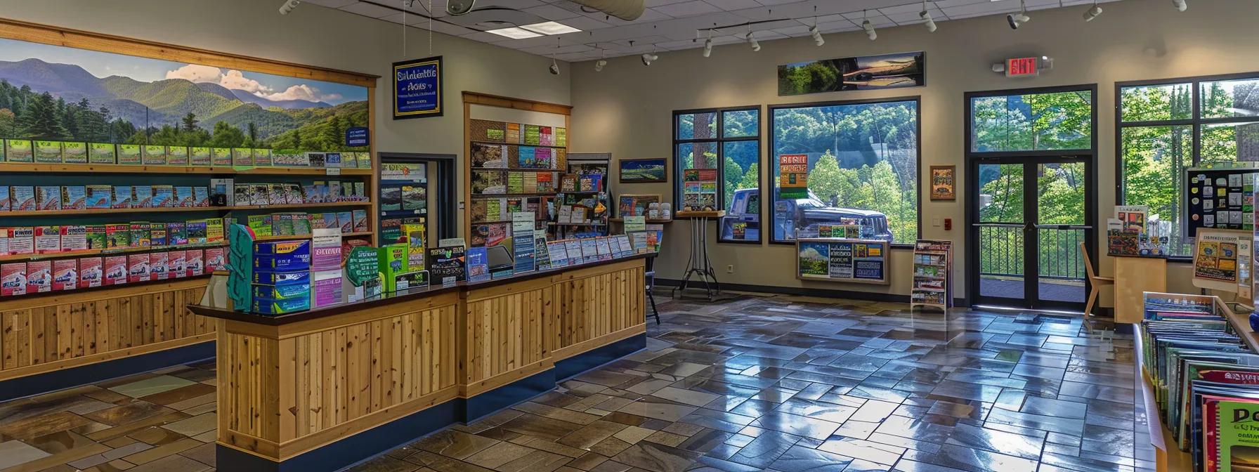 a bustling tourism office displays vibrant maps and brochures highlighting popular hiking trails in the blue ridge mountains, inviting families to explore the scenic routes near mount pisgah and the roanoke valley. a bustling tourism office displays vibrant maps and brochures highlighting popular hiking trails in the blue ridge mountains, inviting families to explore the scenic routes near mount pisgah and the roanoke valley.