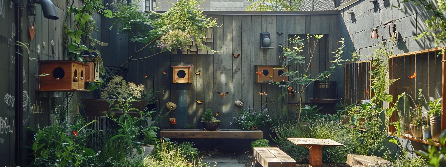 a bustling urban backyard showcases strategically designed birdhouses and sleek insect hotels amid native plantings, emphasizing innovative pest control methods that attract helpful wildlife to combat mosquitoes effectively. a bustling urban backyard showcases strategically designed birdhouses and sleek insect hotels amid native plantings, emphasizing innovative pest control methods that attract helpful wildlife to combat mosquitoes effectively.