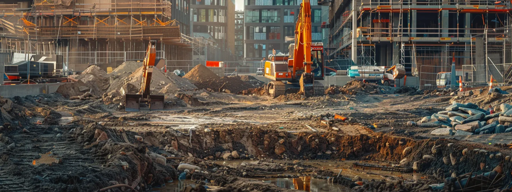 a bustling urban construction site repurposing recycled concrete aggregate for sustainable building practices, showcasing industry leaders in sustainability. a bustling urban construction site repurposing recycled concrete aggregate for sustainable building practices, showcasing industry leaders in sustainability.