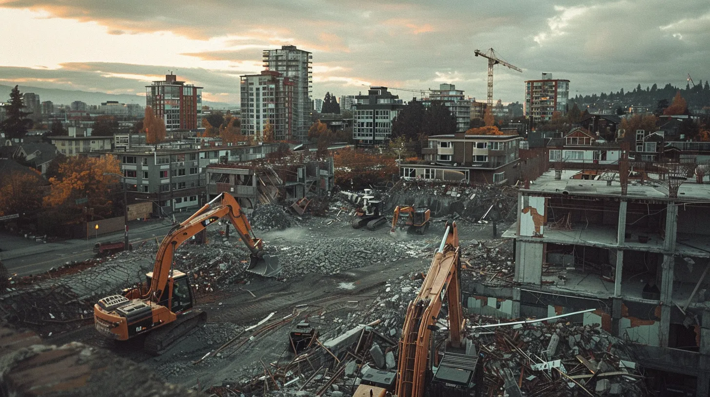 a bustling urban construction site in portland showcases heavy machinery and demolition equipment amidst partially demolished residential structures, emphasizing the complexities and cost factors of residential demolition projects.
