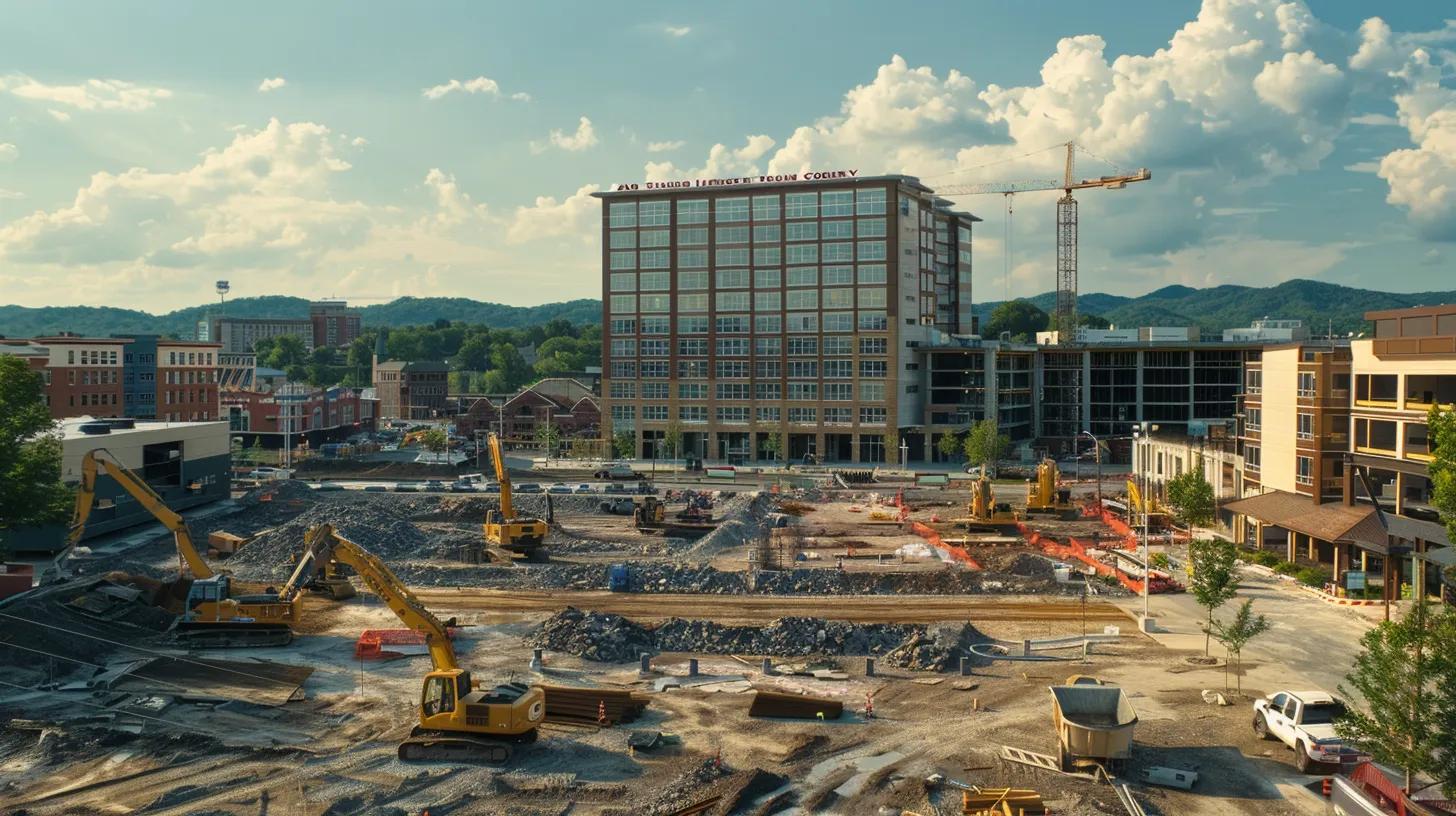 a bustling urban construction site in knoxville, showcasing modern commercial buildings with renewable energy installations, surrounded by workers engaging with digital collaboration tools and efficient construction practices. a bustling urban construction site in knoxville, showcasing modern commercial buildings with renewable energy installations, surrounded by workers engaging with digital collaboration tools and efficient construction practices.