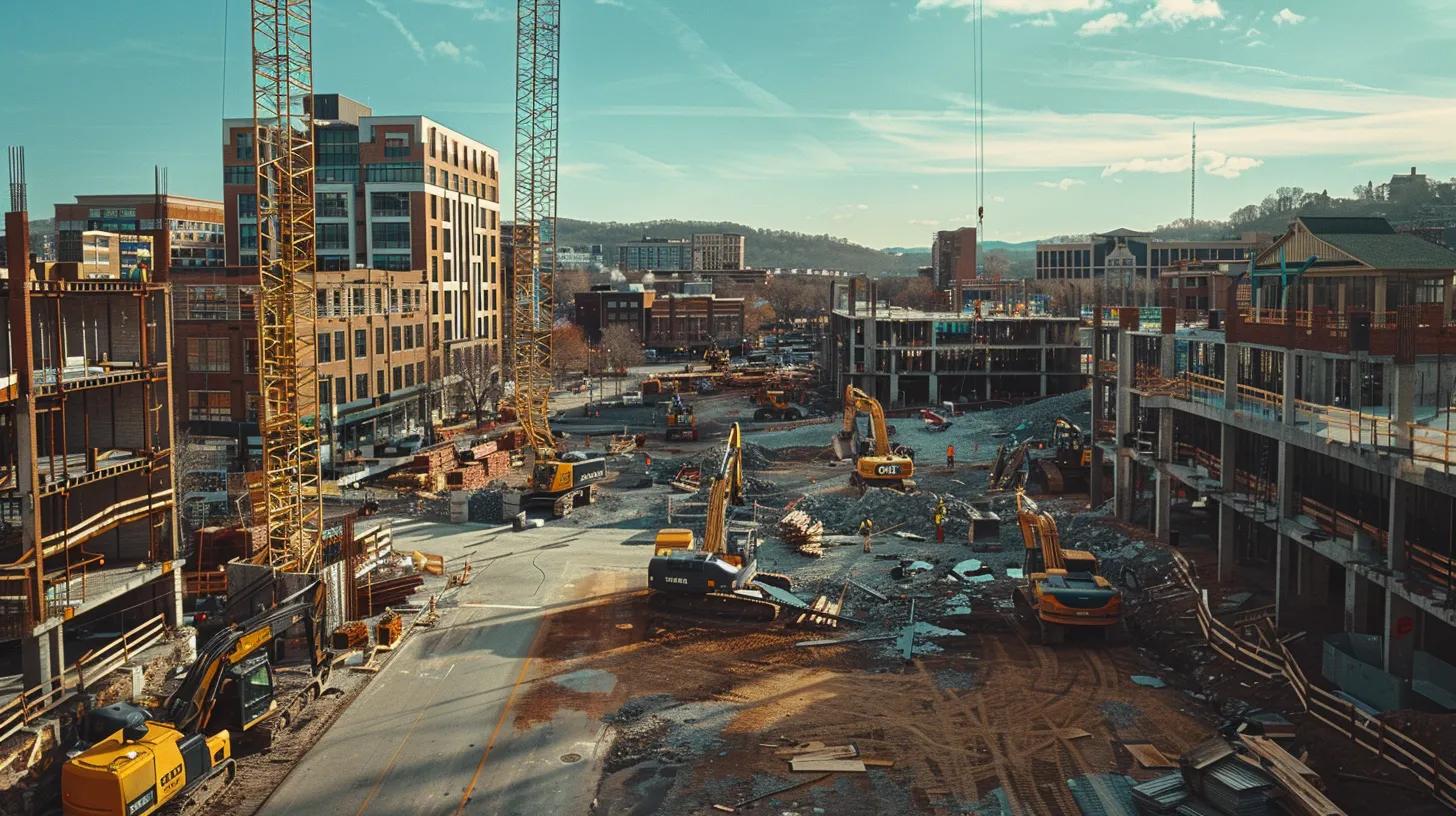 a bustling urban construction site in knoxville, showcasing cranes and workers amidst partially completed buildings, vividly reflecting the dynamic growth driven by local economic forces and partnerships. a bustling urban construction site in knoxville, showcasing cranes and workers amidst partially completed buildings, vividly reflecting the dynamic growth driven by local economic forces and partnerships.