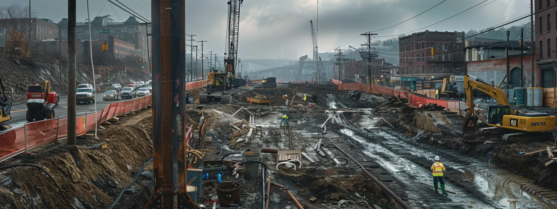 a bustling urban construction site in pittsburgh showcases workers meticulously excavating for drainage systems, surrounded by heavy machinery, safety barriers, and marked utility lines under overcast skies, highlighting the structured process of site assessment and installation.