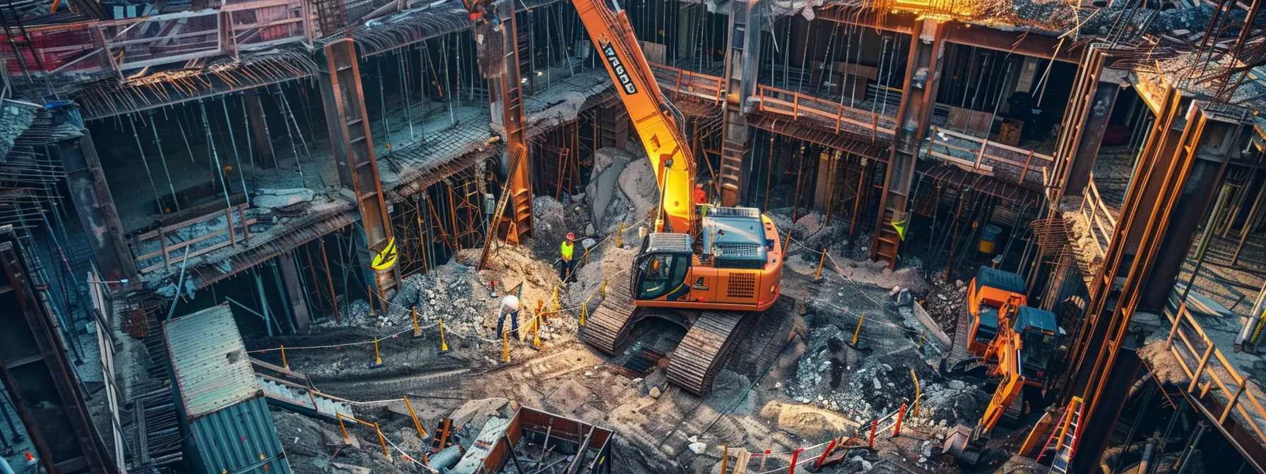 a bustling urban construction site in pittsburgh, illuminated by harsh industrial lighting, showcases a professional demolition team in action, swiftly dismantling a precarious building structure while safety barriers and equipment signify a commitment to safety and efficiency amidst an urgent crisis.