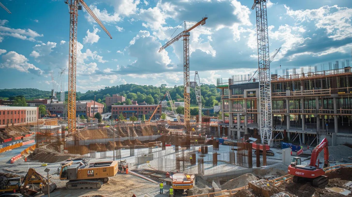 a bustling urban construction site in knoxville showcases a fusion of traditional craftsmanship and modern technology, with cranes and workers collaborating on vibrant, innovative buildings that reflect community heritage and sustainability efforts. a bustling urban construction site in knoxville showcases a fusion of traditional craftsmanship and modern technology, with cranes and workers collaborating on vibrant, innovative buildings that reflect community heritage and sustainability efforts.