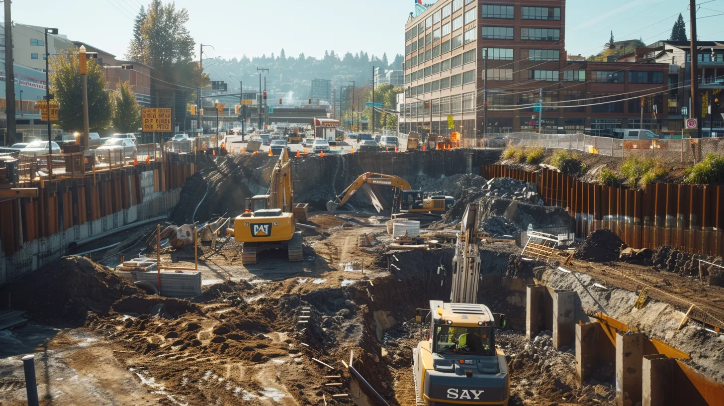 a bustling urban construction site in portland showcases professional excavation, featuring heavy machinery in action, expert contractors reviewing plans, and reinforced earth walls, all under a clear blue sky, highlighting the efficiency and expertise of commercial excavation projects.